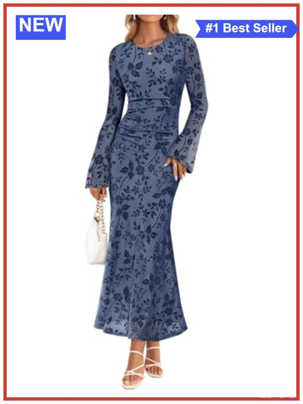 Women's Long Sleeve Floral Ruched Mesh Maxi Formal Dress